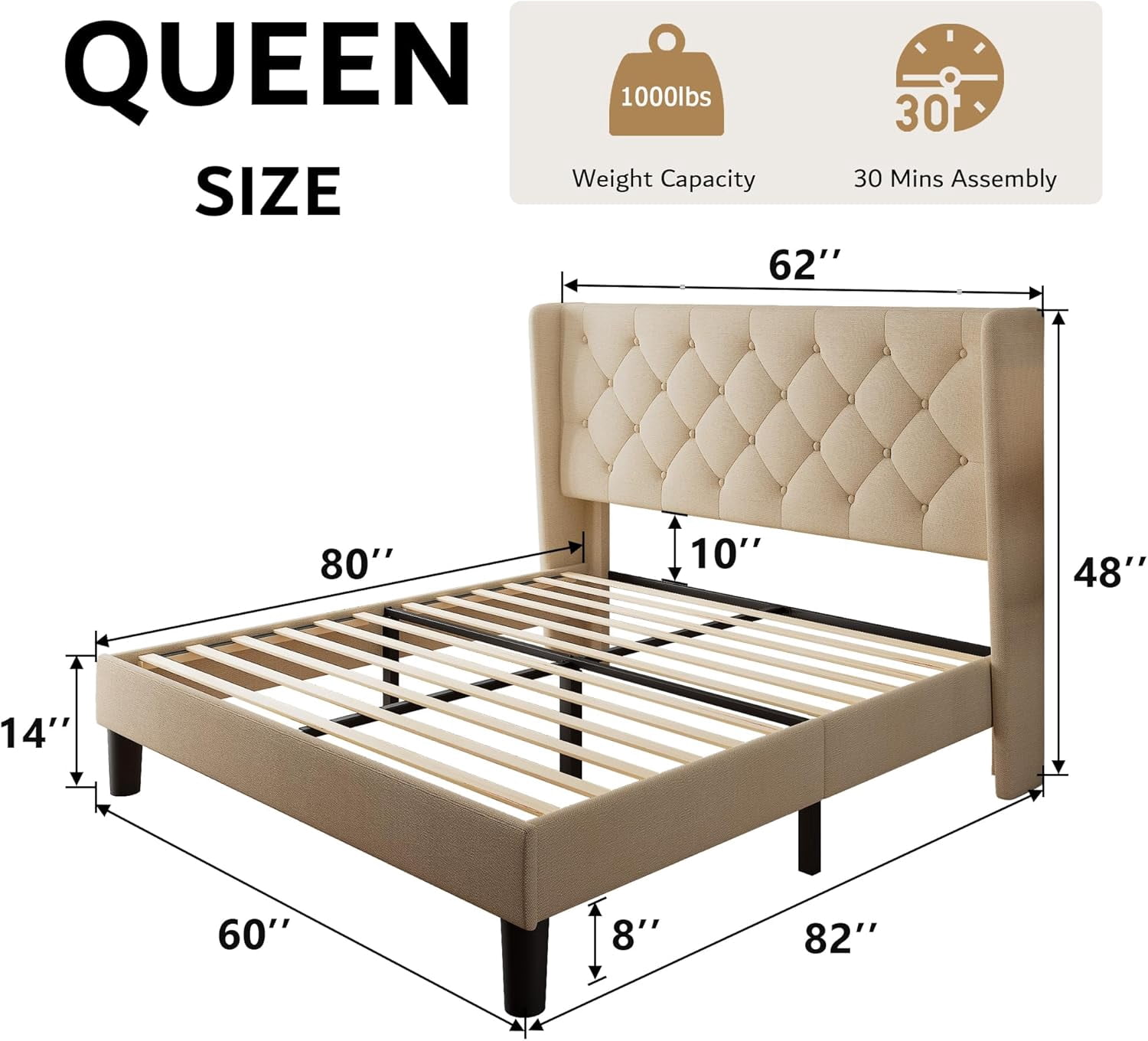 iPormis Queen Size Bed Frame with Diamond Button Tufted Wingback Headboard, Upholstered Platform Bed Frame with Strong Wood Slat Support, No Box Spring Needed,Beige