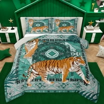Feelyou Cartoon Jungle Tiger Bedding Comforter Set, Green Tribal Aztec Twin Comforter Sets, Vintage Bohemian Style Reversible Bedding Set, Microfiber Bedroom Decor, 2pcs