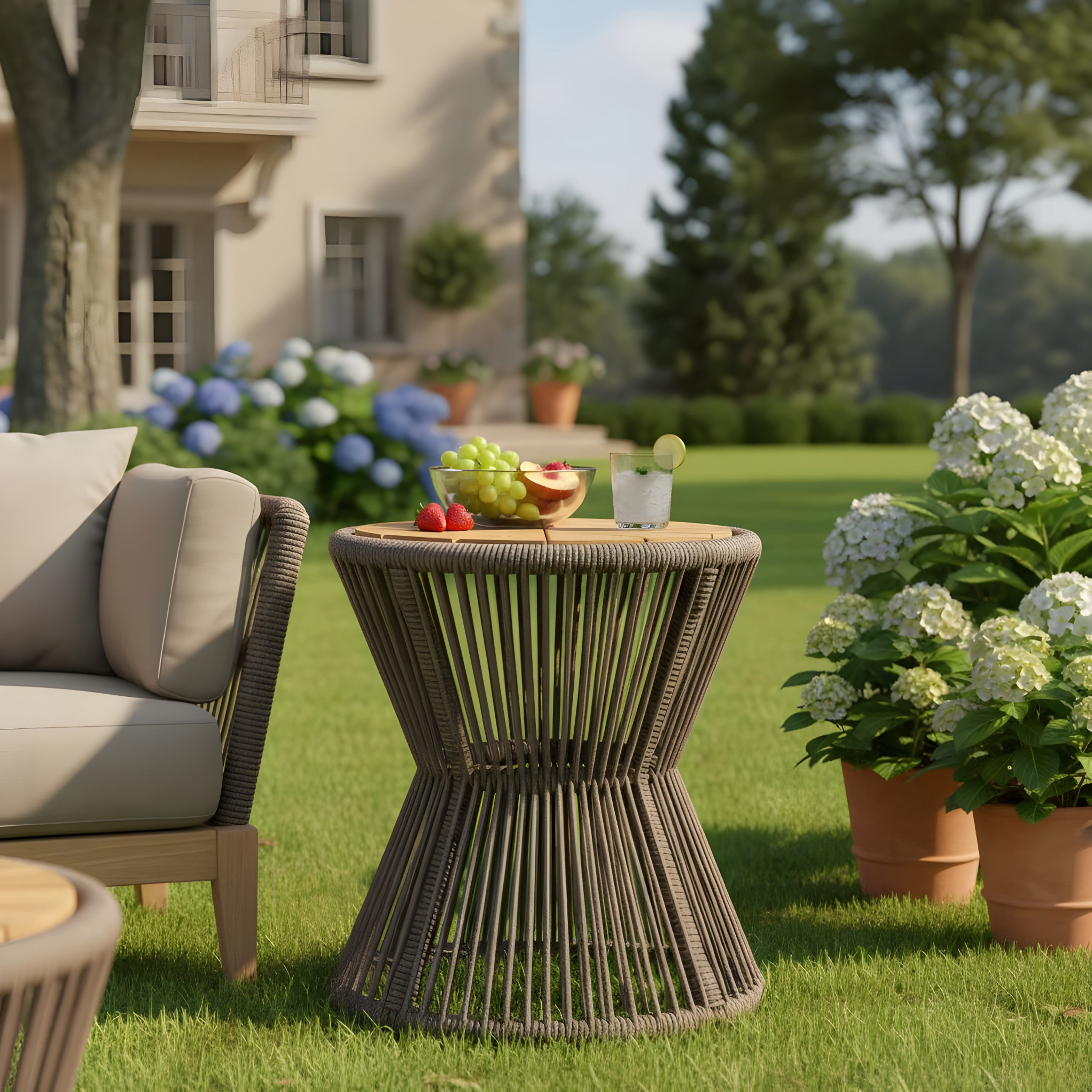 Side Table, Outdoor Dark Grey Rope and Acacia Wood Hourglass Design Table for Patio Deck, Teak