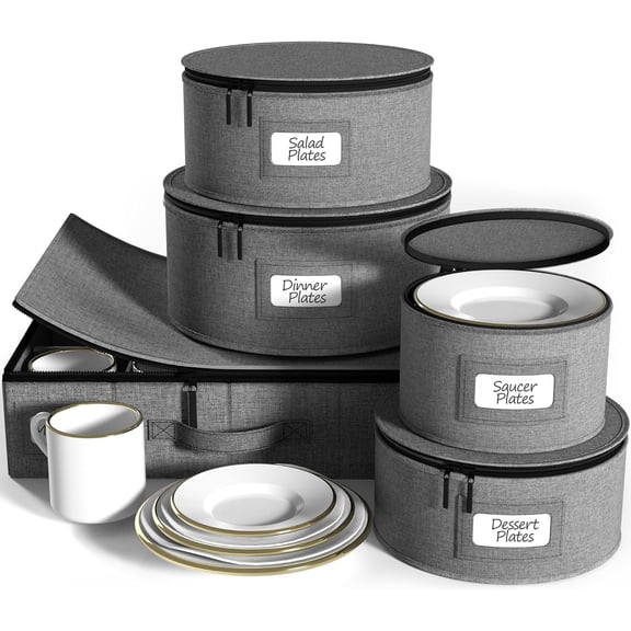 Sorbus Sturdy China Dinnerware Storage Set - Hard Shell Holder for Round Plates & Cups - 5 Piece Set, 12 Servings (Gray)