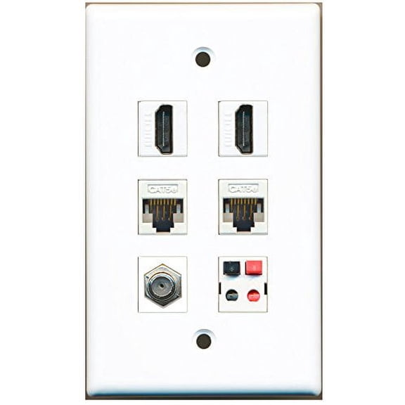 RiteAV - 2 HDMI 1 Port Coax Cable TV- F-Type 2 Port Cat5e Ethernet White 1 Port Speaker Wall Plate