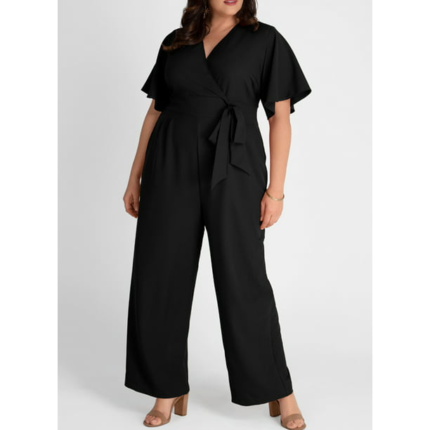 Astylish Plus Size Jumpsuits for Women Wrap V Neck Tie Waist Rompers Sleeve Wide Leg Pant Jumpsuit - Walmart.com