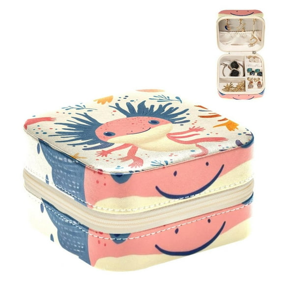 PhooArto Small Jewellery Box, Cartoon Cute Axolotl Pattern Portable Travel Mini Jewelry Case for Women Leather Ring Organizer