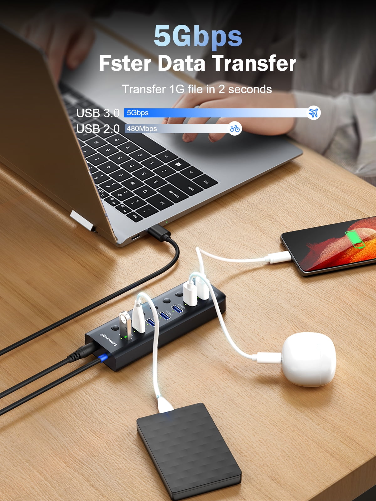USB C Hub, 7 USB A 3.0 5Gbps Transmission + Charging, Independent Switch Control, Widely Compatible with Computers/Mobile Phones/Tablets