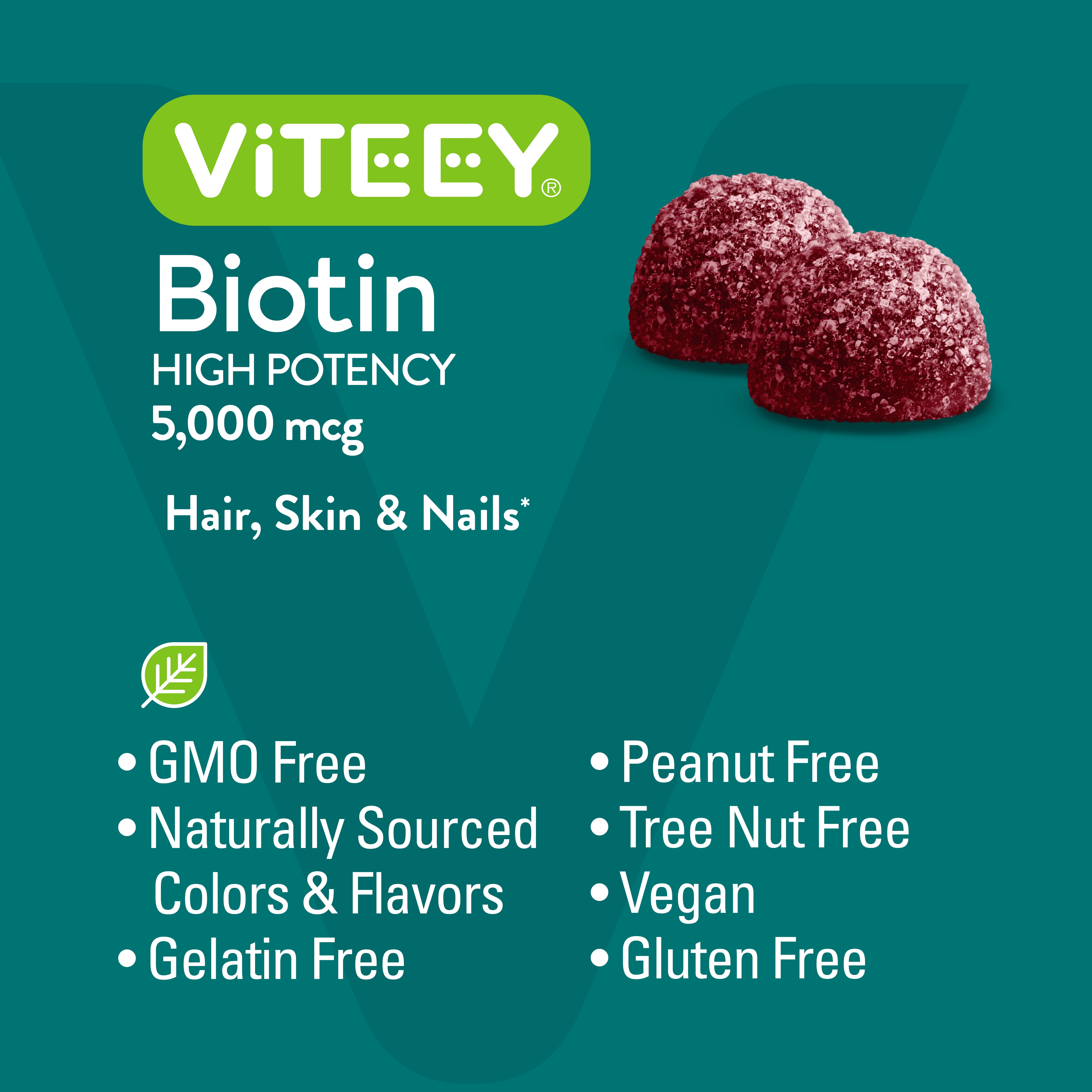 VITEEY Biotin Gummies 5,000 mcg, Hair Skin and Nails, Raspberry Flavor, 60 Count, 2 Pack