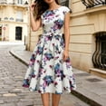 thumbnail image 6 of Xaqiouau Womens Floral Midi Dress Cap Sleeve Casual Summer A Line Dress Crew Neck Fit and Flare Belted Party Wedding Guest Dress, 6 of 9