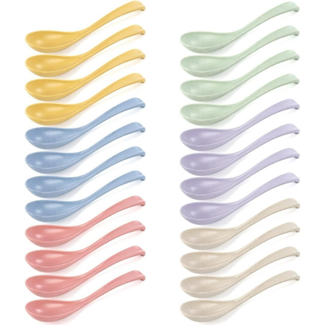 Set of 24 Reusable Wheat Straw Plastic Spoons, Asian Chinese Soup Spoons, Unbreakable Japanese Ramen Spoon Set, Long Plastic Dinner Spoons for Dumpling, Cereal, Dishwasher Safe, 6 Colors