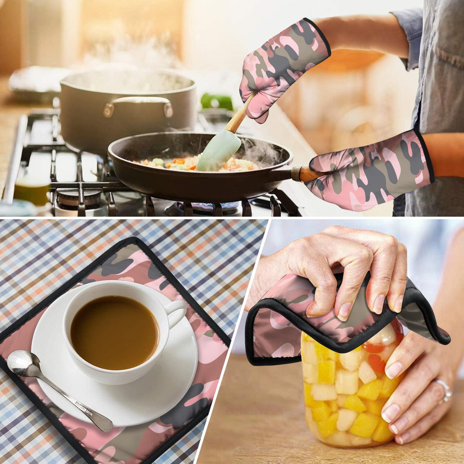 Camouflage Oven Mitts and Pot Holders Set Of 4, Heat Resistant Kitchen Gloves with Non-Slip Grip, Hanging Loop, Soft Cotton Lining for Baking, Cooking, Grilling, Barbecue