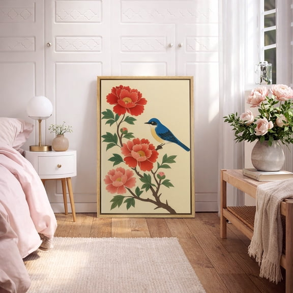 Framed Canvas Print Vintage Bird Wall Art Chinese Style Decorative for Living Room Bedroom - 16"x24" NATURAL