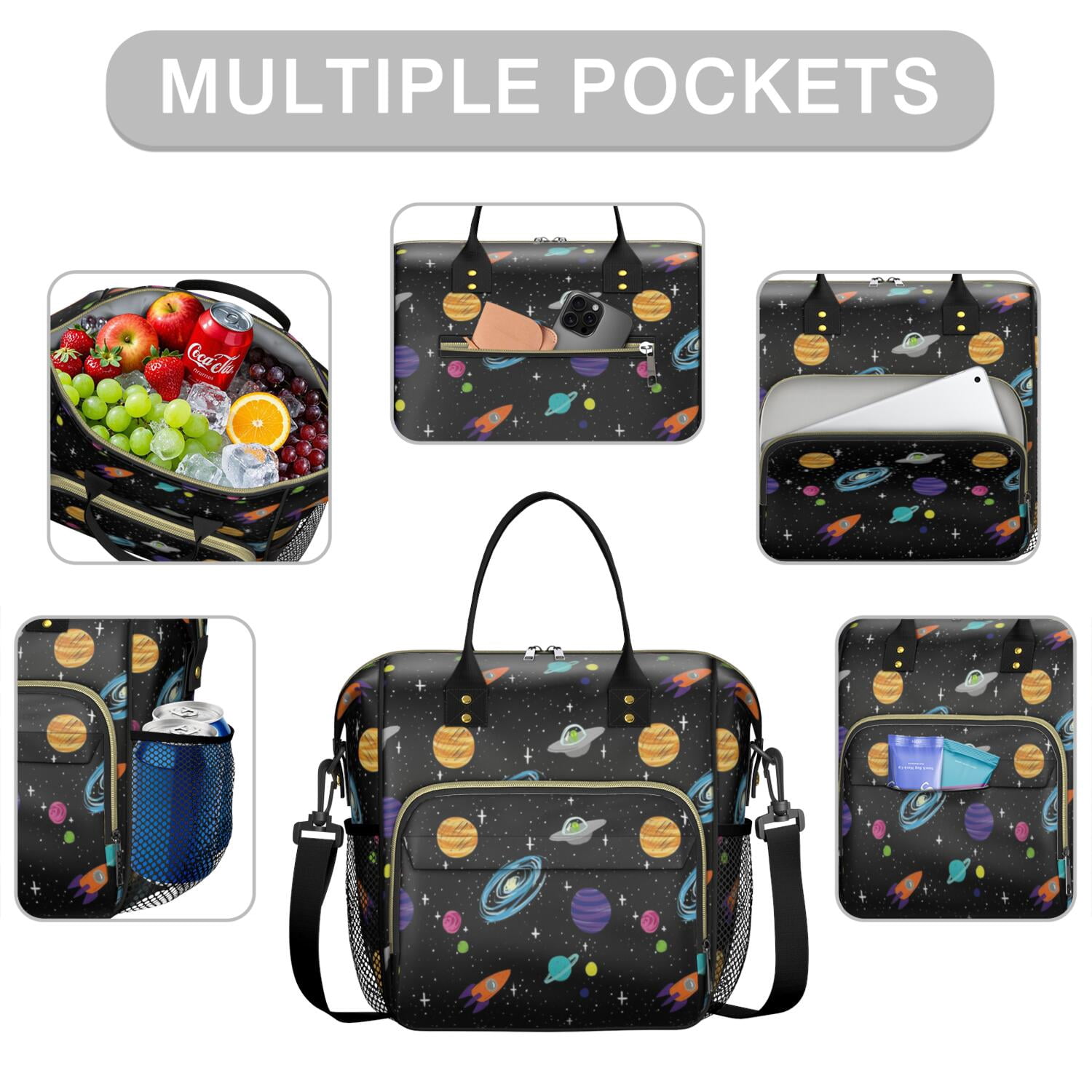 Space Explorer Insulated Lunch Tote – Leakproof Dual Compartment Cooler Bag with Adjustable Strap and Cosmic Patterns for School or Travel