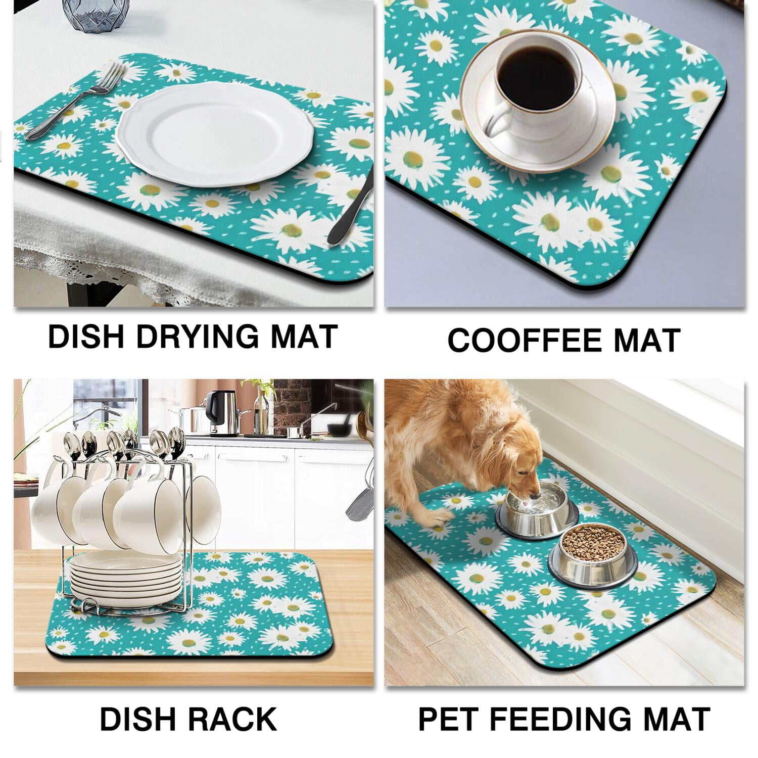 2 Pack Washable Rubber Daisy Cute Floral Dish Drying Mats for Kitchen Counter Home Large Coffee Bar Pad Accessories and Decor for Utensils Stemware (2pcs 18''x24''+19.5''x12'')