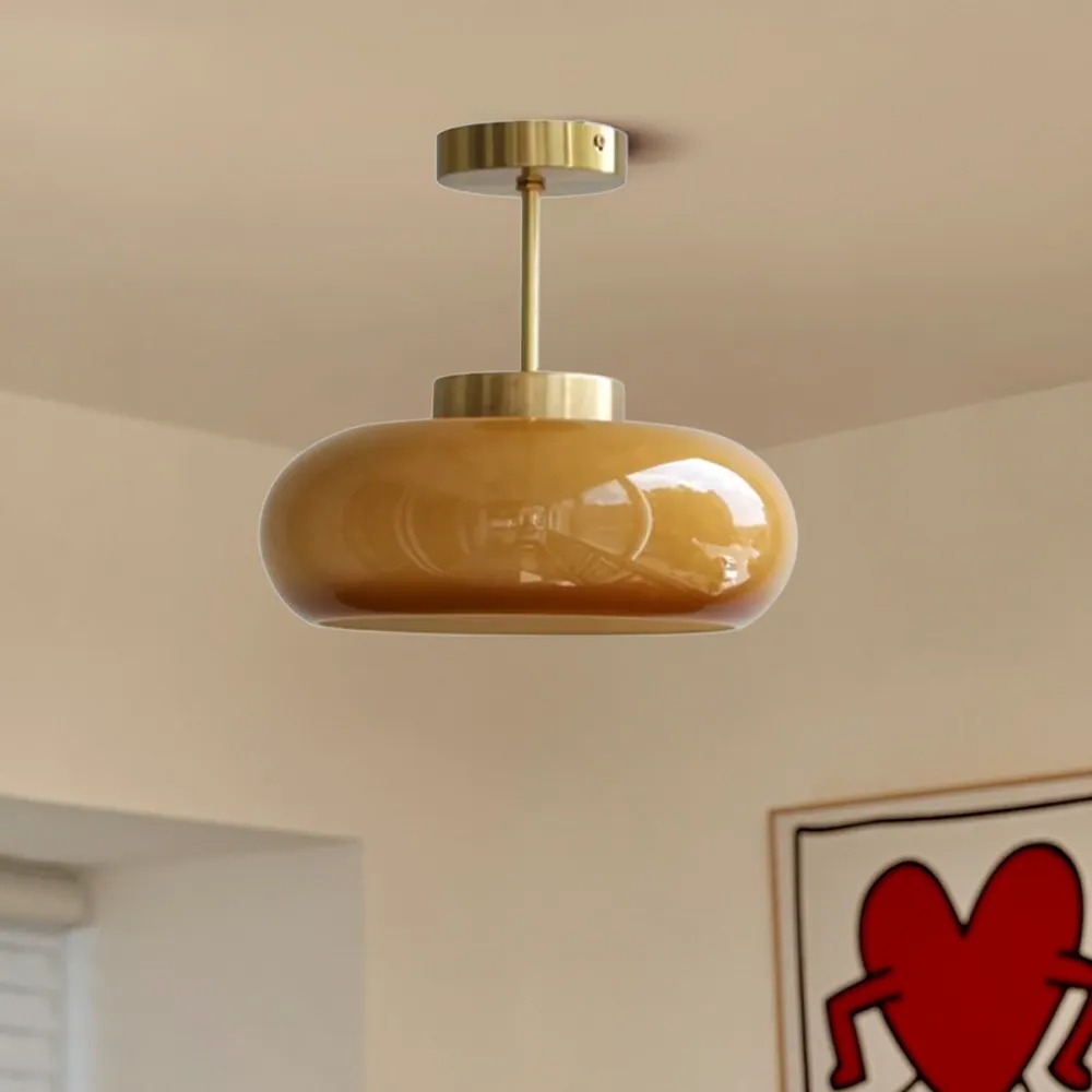 Arturesthome French Retro Hallway Brass Ceiling Light Medieval Restaurant Flush Mount Glass Lamp