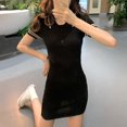 thumbnail image 2 of Femmes Chaudes Robetemperament Lapel Tricot Haute Taille Sac Manches Courtes Hanche Slim Robe de Taille, 2 of 7