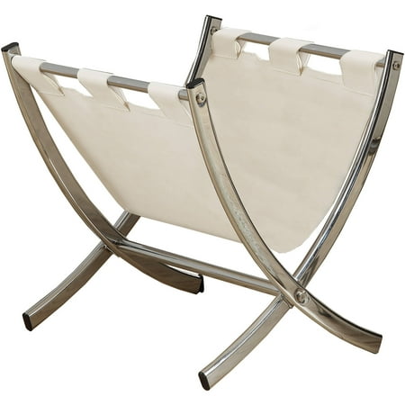 - White Leather-Look/Chrome Metal Magazine Rack
