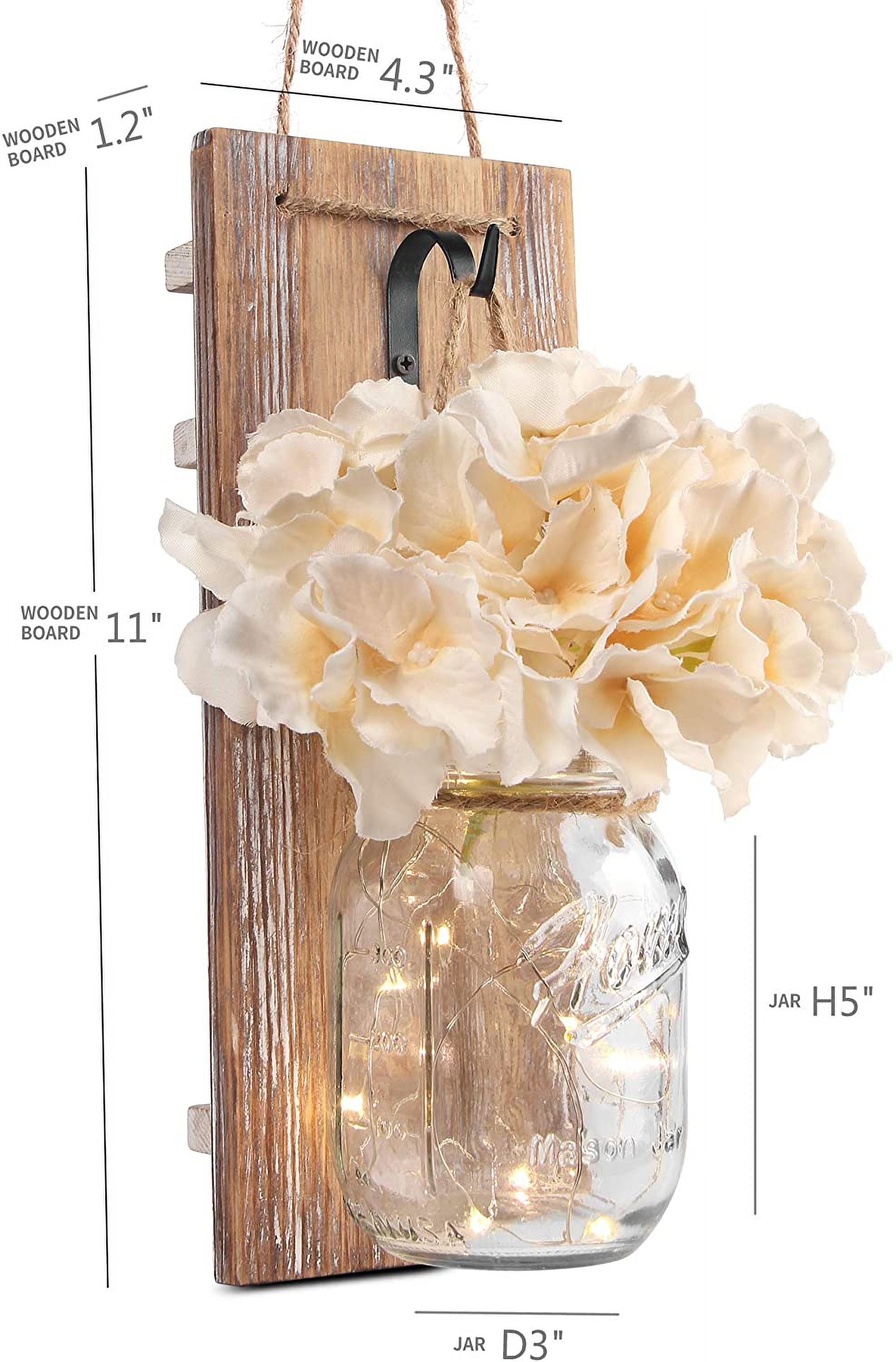 Set of 2 - Rustic Wall Sconces - Mason Jars Sconce with Hooks, LED Fairy Lights with Timer for Home Wall Door Decoration Gift