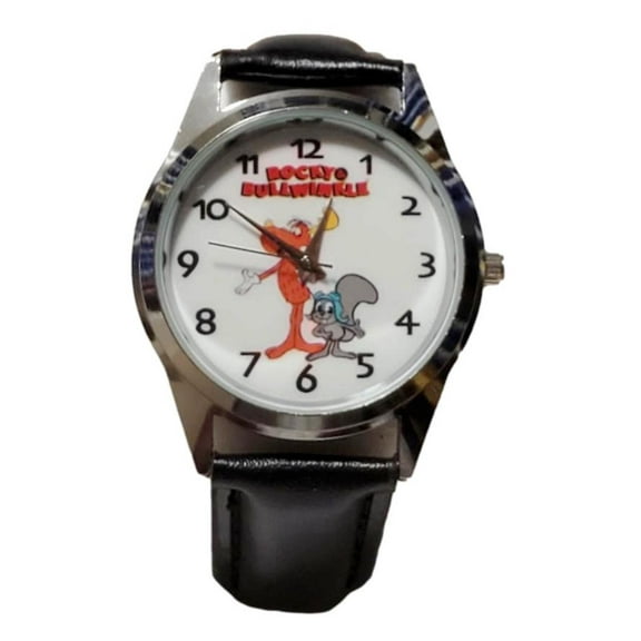 Rocky And Bullwinkle Cartoon Characters Black Leather Band Wrist Watch