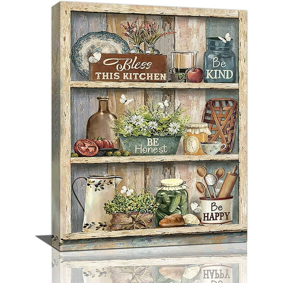 Kitchen Wall Art Rustic Bless Kitchen Pictures Wall Decor Farmhouse Kitchen Painting Canvas Country Prints Modern Artwork Framed Home Kitchen Dining Room Decor 12"x16"