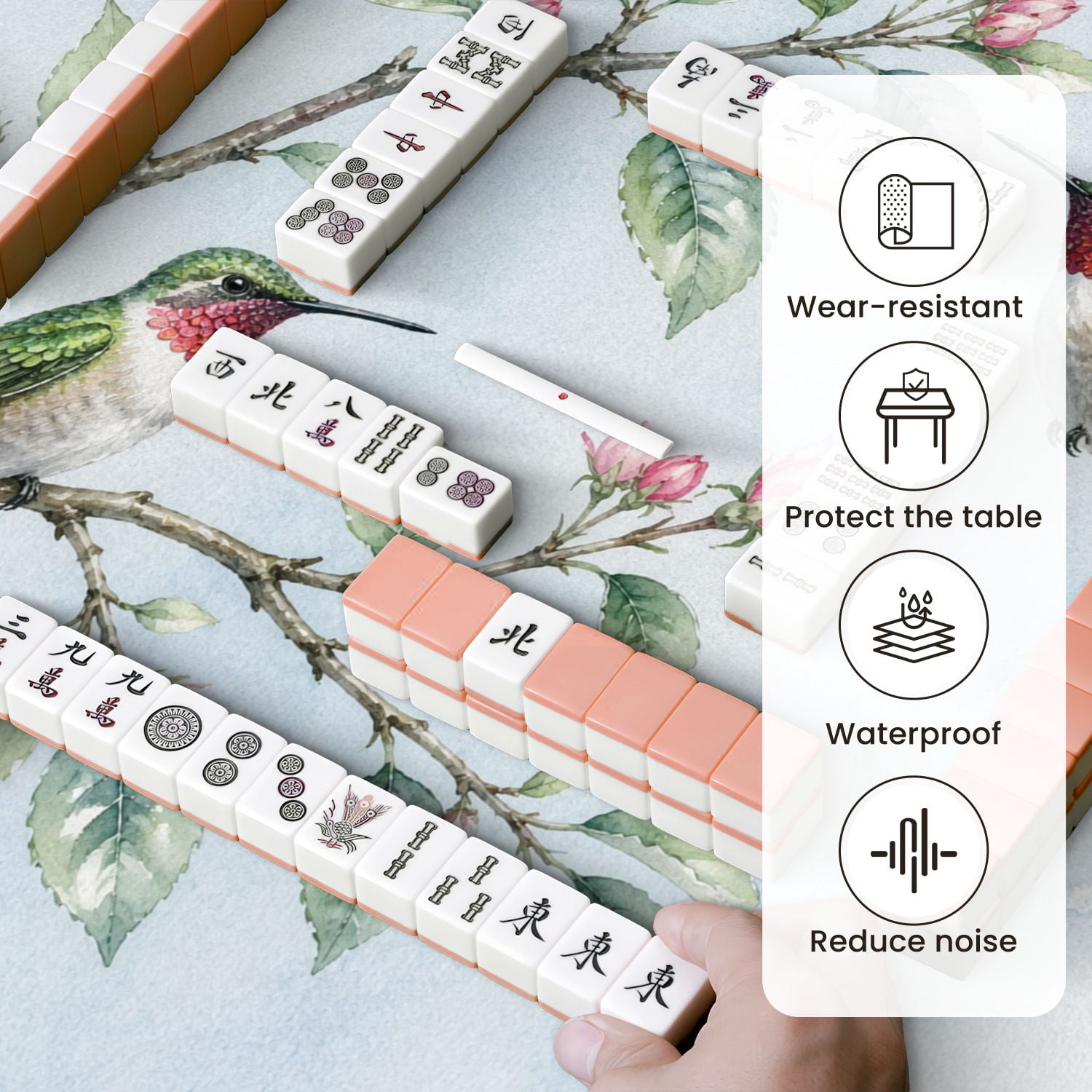 Mahjong Mat 31.5" x 31.5" Hummingbirds Green Leaves Elegant Watercolor Style Non-Slip Noise Reduction Mahjong Tiles Table Cover for Dominoes Poker Card Board and Tile Games