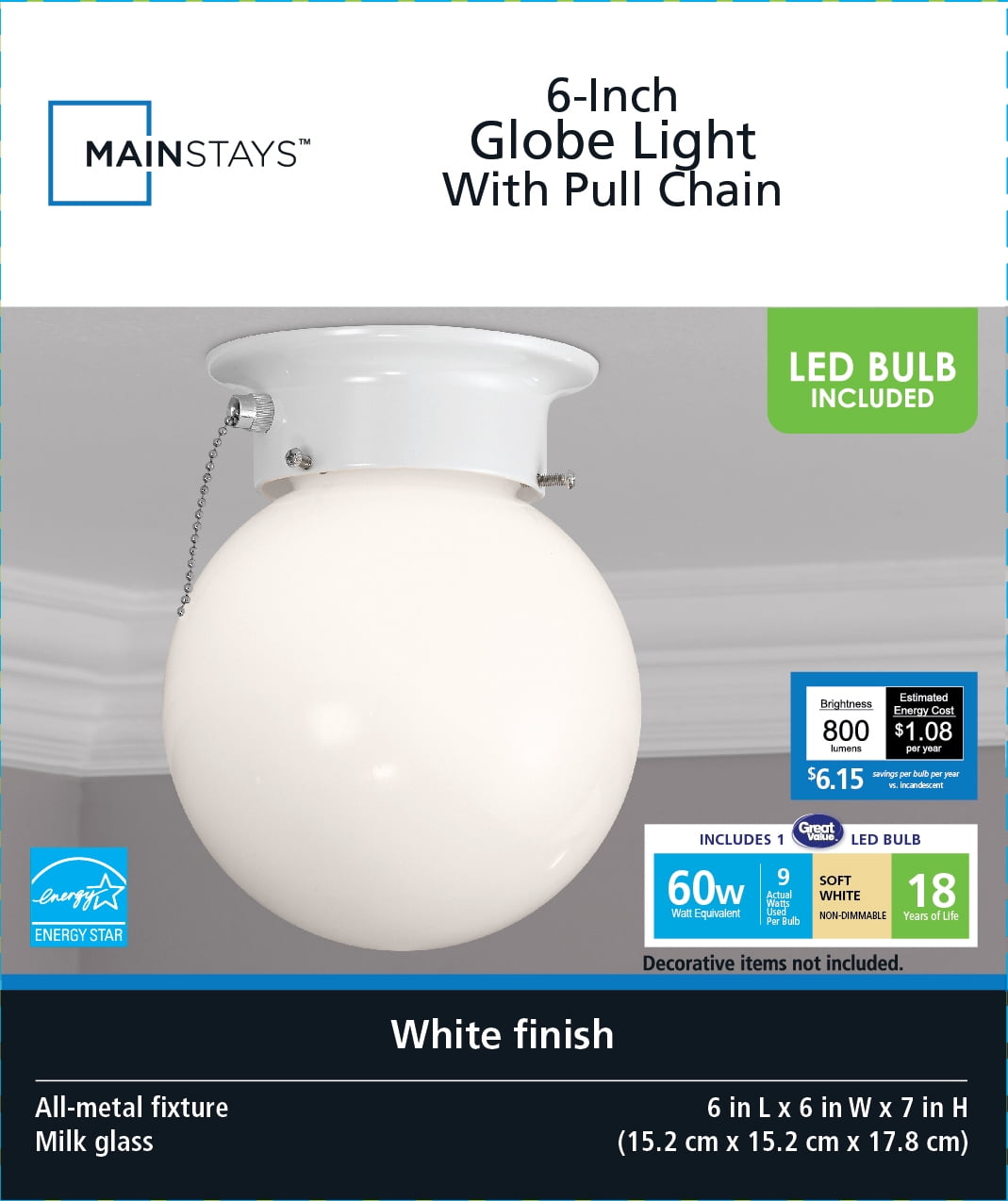 Mainstays 6" Flush-Mount Globe Light Ceiling Fixture with Pull Chain in White Finish, LED Light Bulb Included