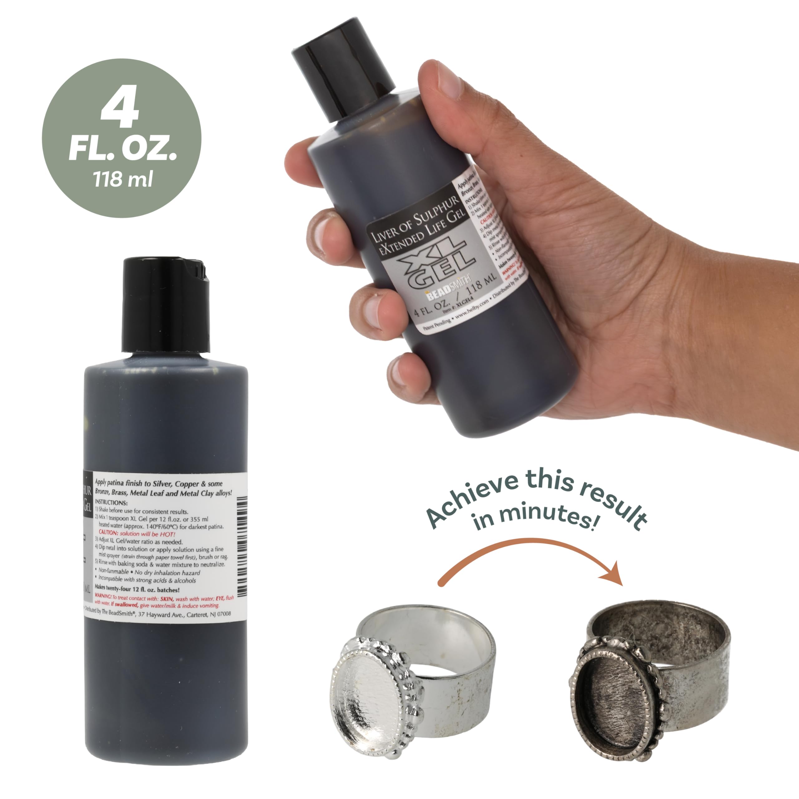 The Beadsmith XL Gel Liver of Sulfur Extended Life Gel 4 Fluid Ounces (118ml) Bottle Apply a Patina Finish to Silver Copper and Other Metal for Oxidized Look on Art and Jewelry Projects