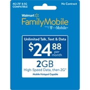 Walmart Family Mobile $24.88 Unlimited Monthly Prepaid Plan (2GB at High Speed, then 2G*) e-PIN Top Up (Email Delivery)
