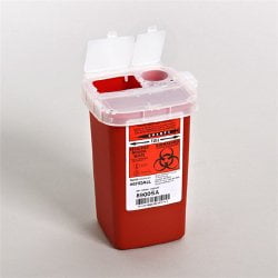 Cardinal Phlebotomy Sharps Container SharpSafety 1-Piece 6-1/4 H X 4-1/2 W X 4-1/4 D Inch 1 Quart Red Vertical Entry Lid Each of