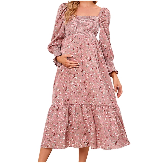 Pisexur Robe de Maternité pour Femme Bohème à Imprimé Floral, Encolure Carrée, Manches à Volants, Robe Longue Évasée, Ourlet à Volants pour Femme Enceinte, Élégante Robe Maxi à Manches Longues