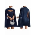 thumbnail image 3 of Women'S Round Neck Ribbed Chiffon Dress with Pearl Detail Cape Style Bodycon Slip Dress Navy Blue XL, 3 of 6