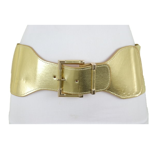 Women Gold Wide Elastic Fashion Belt Metal Buckle S M