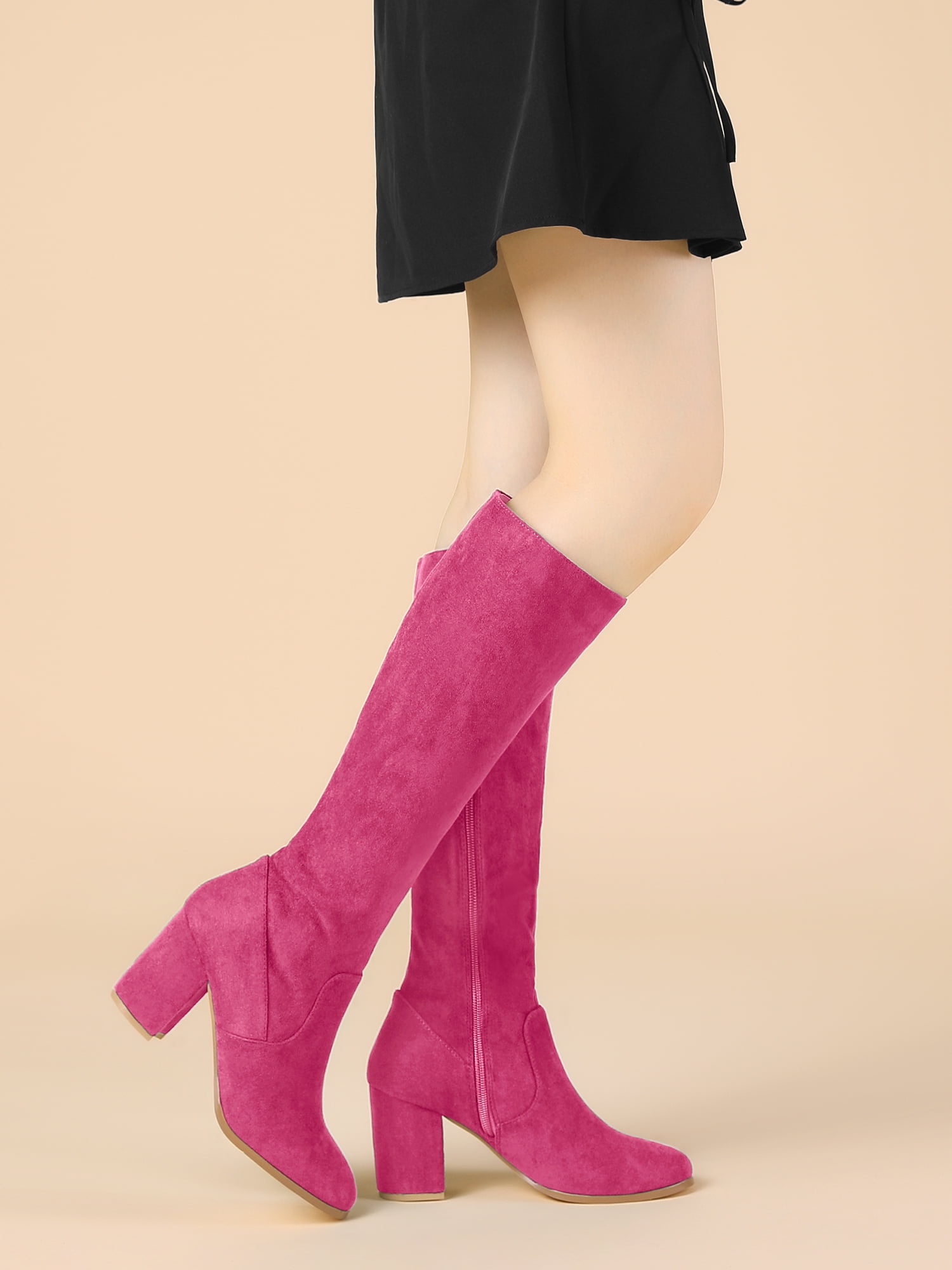 DARING DIVA Women's Stylish Side Zipper Chunky Heel Knee High Boots Hot Pink 10