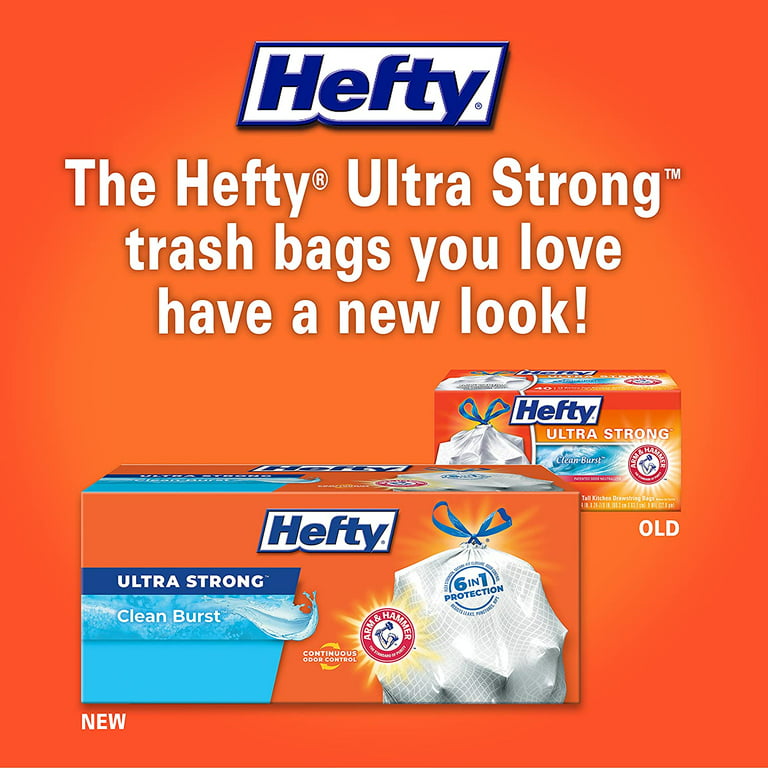 Hefty 10013700016704 Ultra Strong Trash Bags (Clean Burst, Tall Kitchen  Drawstring, 13 Gallon, 80 Count) – Fits All Simplehuman Size J Cans, (Pack  of 1), White 