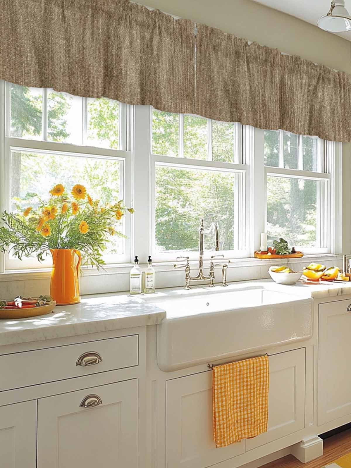 Brown Linen Window Valance, Farmhouse Pure Color 2 Pack Decorative Curtain for Small Windows, Light Filtering Valance with 3” Rod Pocket, 42"W x 12"L