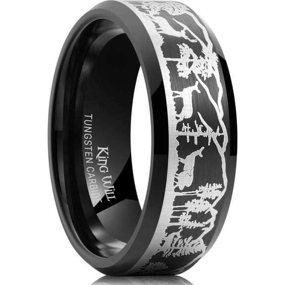 King Will 8mm Black Tungsten Wedding Band Lasered with Silver Elk Deer Family Mountain Tree Forest Landscap, Matte Brushed Finish Step Edge Ring for Men Women, Comfort Fit Size 13