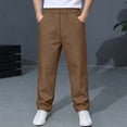 thumbnail image 2 of Boys School Uniform Pants Pull-On Loose Fit Lightweight Workwear Flat Front Elastic Waist Straight Trousers with Pockets Brown 9-10 Years, 2 of 9