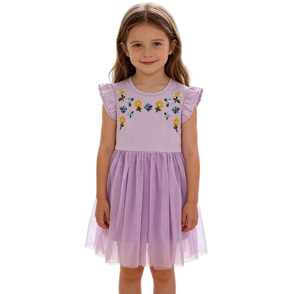 Girls Lavender Tulle Dress with Flower Embroidery Short Sleeve Party Dress for Kids Ages 2-10,Size 7 T