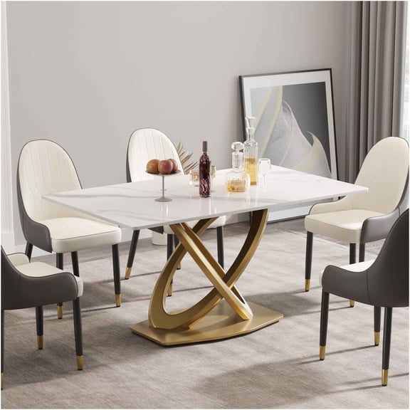 JERFIT 63 inch White Sintered Stone Dining Table for 6-8 People with Double Ring Stainless Steel Base, Modern Kitchen Table