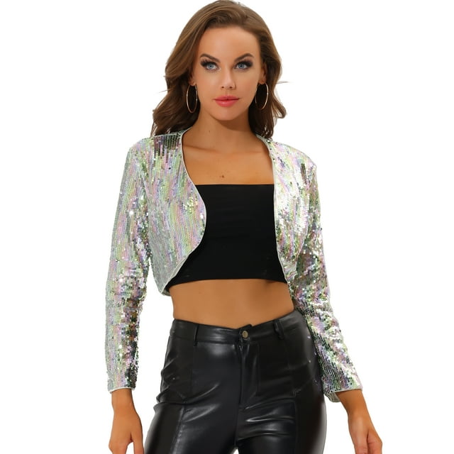 INSPIRE CHIC Veste à Sequins pour Femmes Manches Longues Cardigan Court Ouvert Boléro Rose Bleu m