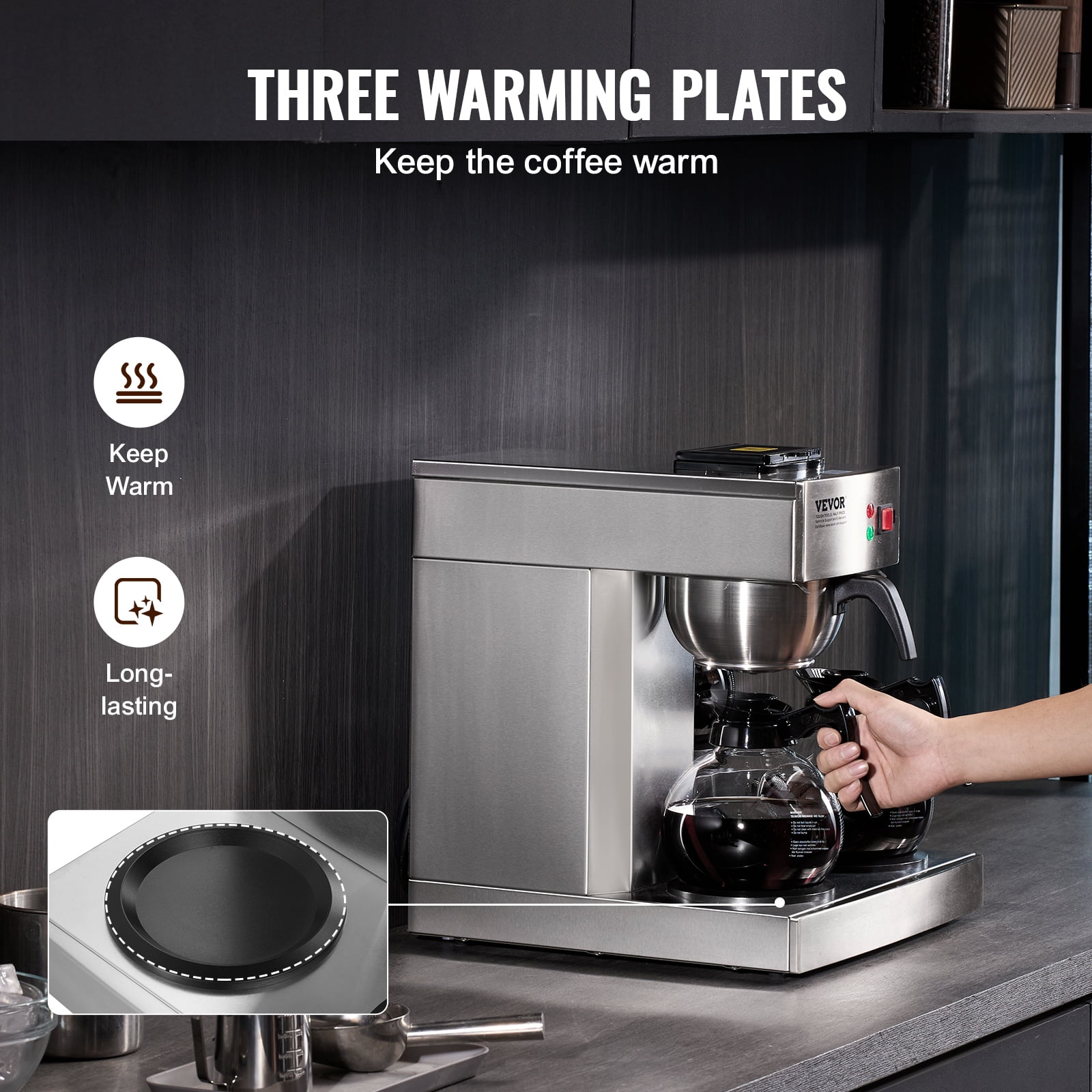 VEVOR 12 Cups Commercial Drip Coffee Maker, Coffee Maker Machine with 3 Glass Carafes and 3 Warmer Plates, Stainless Steel Pour Over Coffee Brewer with Auto Water Intake, for Restaurant Office Cafe