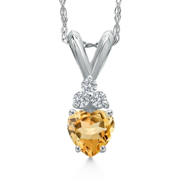 Gem Stone King 14K White Gold Yellow Citrine and Lab Grown Diamond Pendant Necklace for Women | 0.25 Cttw | Gemstone November Birthstone | Heart Shape 4MM | With 18 inch Chain