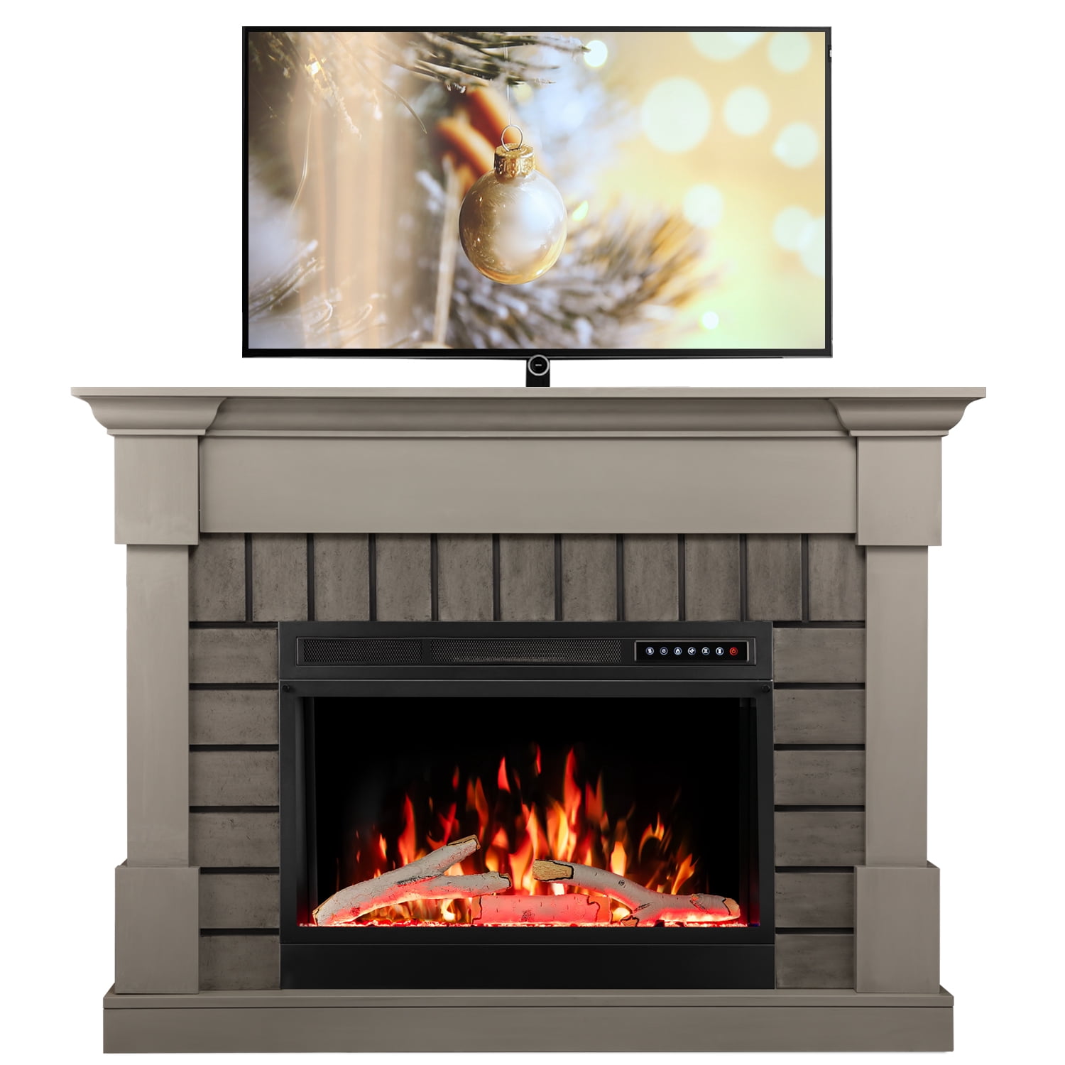 WAA Electric Fireplace Mantel Package Wooden Surround Firebox TV Stand Free Standing Electric Fireplace Heater,Remote Control,4 Flame Colors,12 Flame Bed Colors,5 Flame Brightness,5 Speeds,GREY
