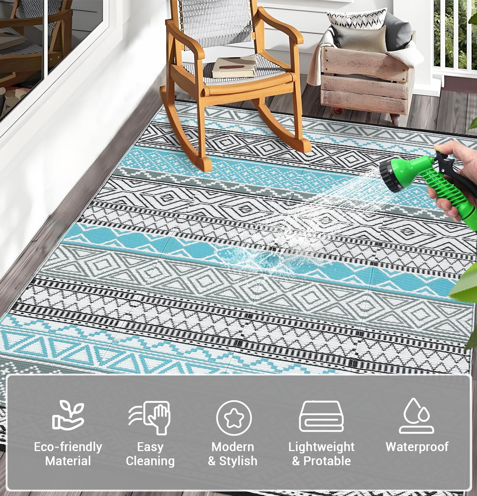 Waterproof & Reversible Outdoor Rug – Durable Patio Carpet for Camping, RV, Deck, Picnic, Porch, Backyard – Lightweight, UV & mark Resistant