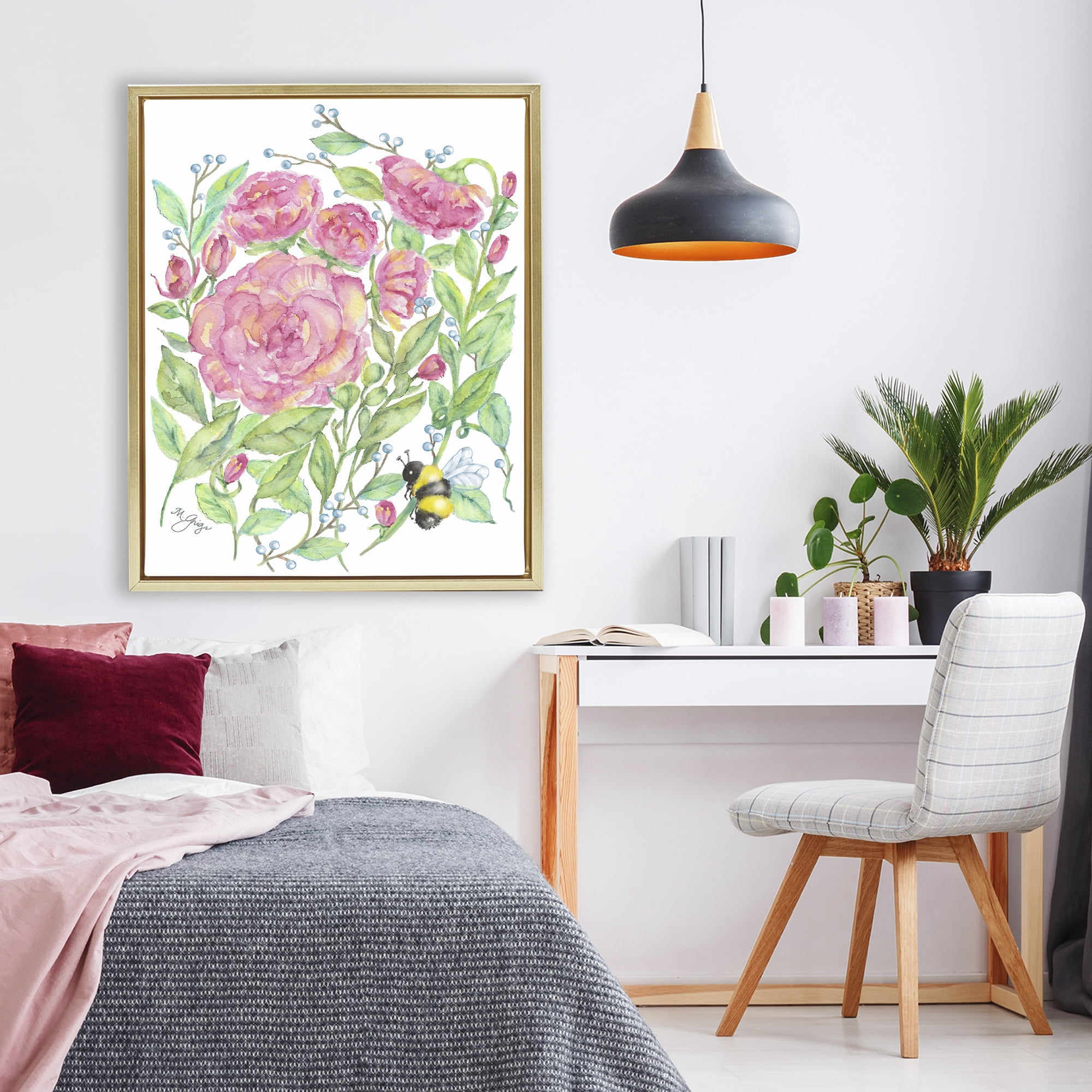 Stupell Industries Peony & Bumble Bee Gold Framed Floater Canvas Wall Art, design by Maureen Grigs