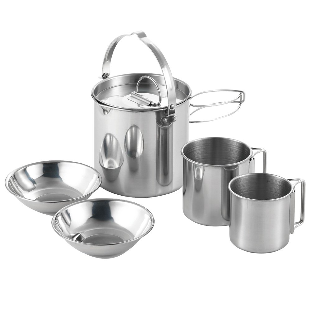 Camelwill 5Pcs 1 Camping Kettle 2 Cups 2 Bowls Stainless Steel Outdoor