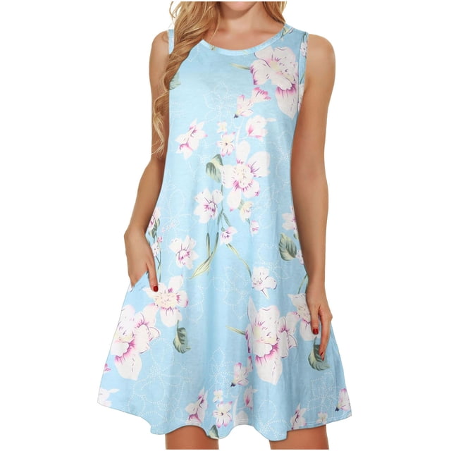 SMihono Hauts pour Femmes Débardeur pour Femmes Mode Femme Sans Manches Col Rond Été Confortable Imprimé Poches Décontracté Ample Robe Débardeur Débardeurs pour Femmes Hauts d'Été pour Femmes