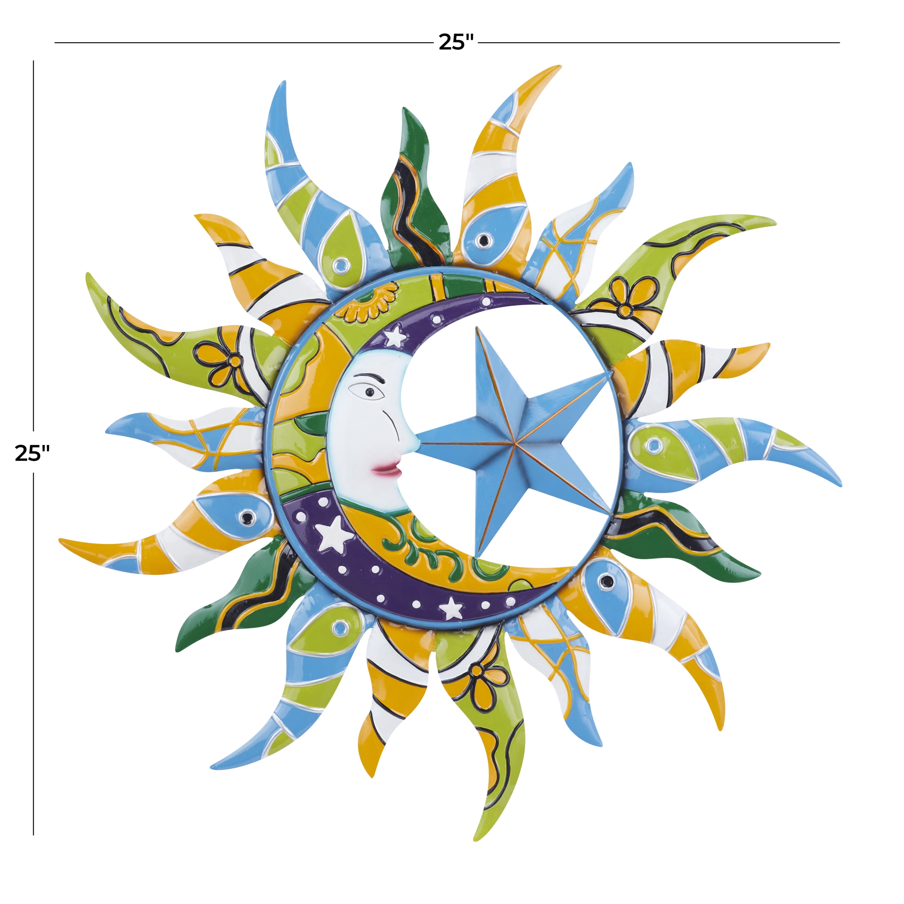 DecMode Multi Colored Metal Sun and Moon Indoor Outdoor Abstract Patterned Home Wall Decor with Yellow and Blue Accents, 25" x 1" x 25"