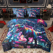 Manfei Colorful Dino Bedding Comforter Set 7 Pieces for Kids Boys, Anime World Queen Bedding Sets, Cartoon Wildlife Queen Sheet Sets, Luxury Bedroom Decor