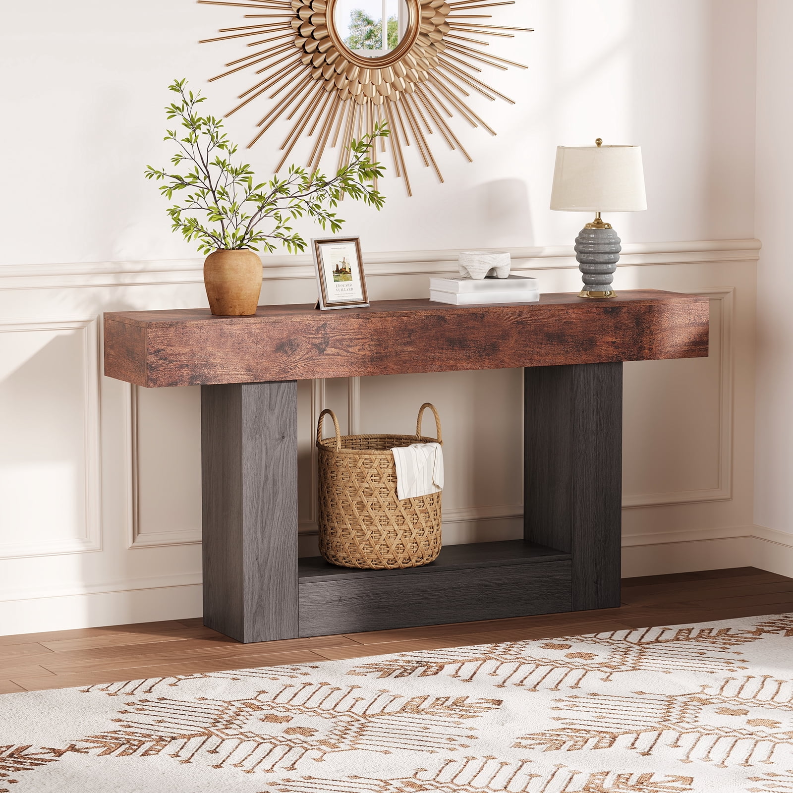 63 Inch Long Console Table with Charging Station, 2-Tier Narrow Entryway Table with USB c Ports & AC Outlets, Farmhouse Sofa Table Behind Couch for Living Room, Hallway, Rustic Brown & Gray