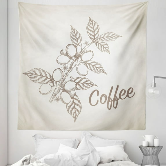 Coffee Tapestry, Monochrome Sketch Branch with Leaves and Beans Agricultural Components Coffee, Fabric Wall Hanging Decor for Bedroom Living Room Dorm, 5 Sizes, Pale Tan Cocoa, by Ambesonne