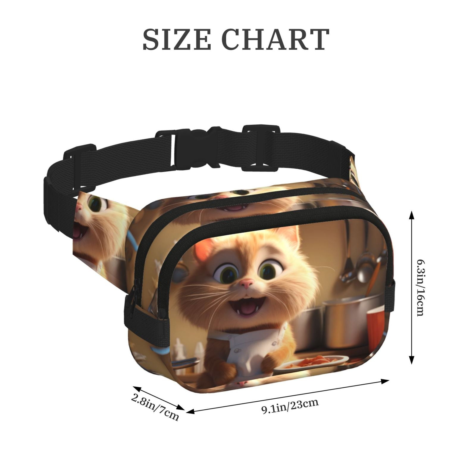 Picia Cartoon Cooking Cat Print Square Double-Layer Waist Bag Mini Adjustable Waist Belt Bag Exercise Running Travel Hiking