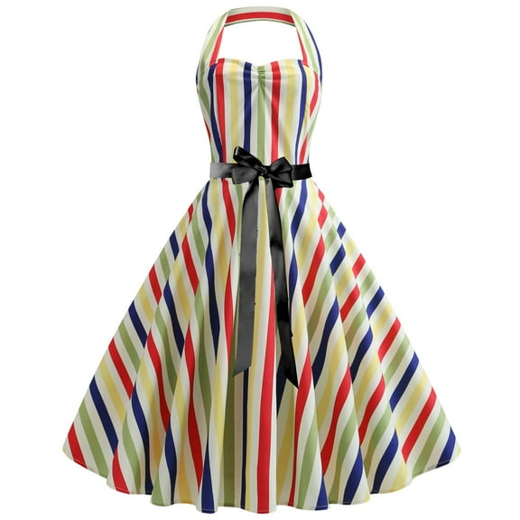 SMihono Women's 1950s Vintage Retro Rockabilly Halter Dress Striped Party Swing Dresses A-Line with Belt Yellow 10
